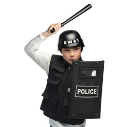 Kostüm - Set Polizist für Kinder, 4-tlg. Polizei-Weste, Polizei-Helm,  Spielzeug-Maschinengewehr und Handschellen